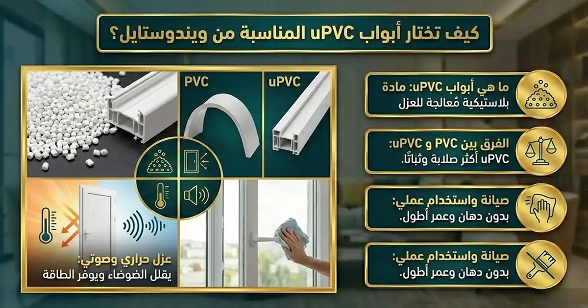 أبواب PVC أو uPVC تُصنّع من مادة بلاستيكية مُعالجة غير قابلة للتفاعل الكيميائي، وتُعد من أكثر الحلول تطورًا في مجال العزل. الفرق بين PVC و uPVC PVC: مادة بلاستيكية عامة uPVC: مادة محسنة غير قابلة للتشقق أو التفاعل الحراري