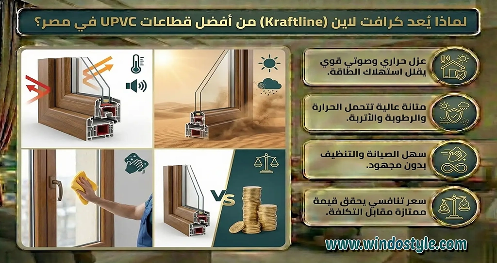 لماذا يُعد كرافت لاين من أفضل قطاعات UPVC في مصر؟ عزل حراري وصوتي قوي يقلل استهلاك الطاقة. متانة عالية تتحمل الحرارة والرطوبة والأتربة. سهل الصيانة والتنظيف بدون مجهود. سعر تنافسي يحقق قيمة ممتازة مقابل التكلفة. متوفر محليًا مع قطع غيار وخدمة ما بعد البيع.