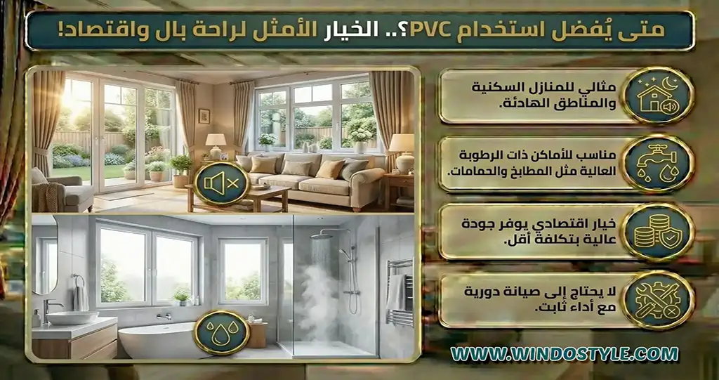 متى-يُفضل-استخدام-PVC؟ مثالي للمنازل السكنية والمناطق الهادئة مناسب للأماكن ذات الرطوبة العالية مثل المطابخ والحمامات خيار اقتصادي يوفر جودة عالية بتكلفة أقل لا يحتاج إلى صيانة دورية مع أداء ثابت