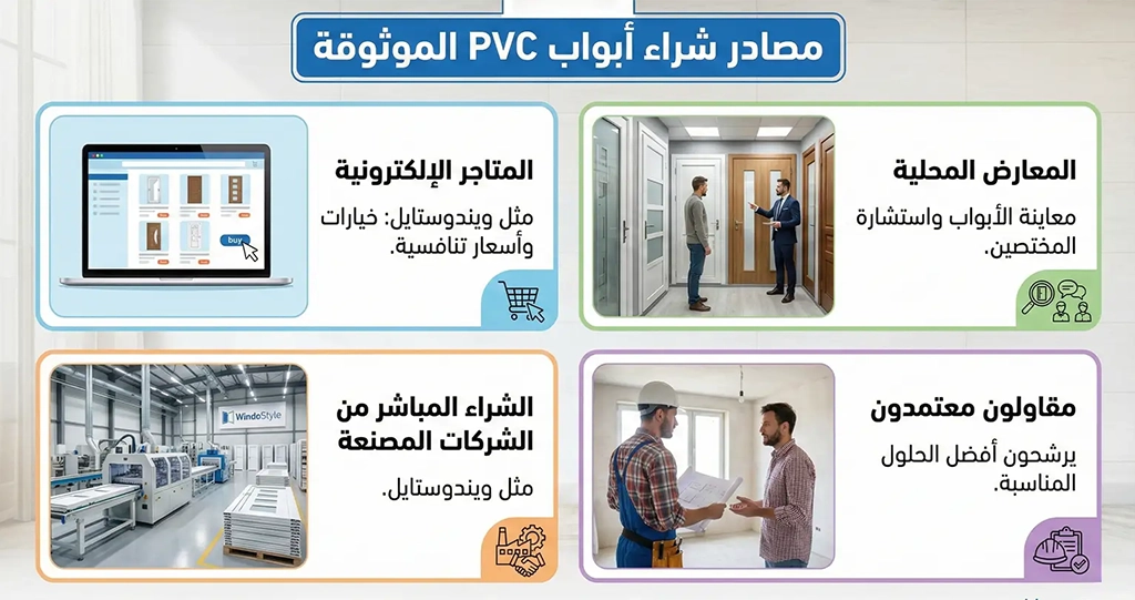 المتاجر الإلكترونية مثل ويندوستايل بخيارات وأسعار تنافسية. المعارض المحلية لمعاينة الأبواب واستشارة المختصين. الشراء المباشر من الشركات المصنعة مثل ويندوستايل. مقاولون معتمدون يرشحون أفضل الحلول المناسبة.