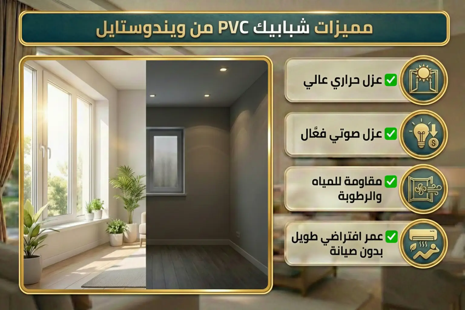 مميزات شبابيك PVC من ويندوستايل مميزات شبابيك PVC من ويندوستايل ✅ عزل حراري عالي ✅ عزل صوتي فعّال ✅ مقاومة للمياه والرطوبة ✅ عمر افتراضي طويل بدون صيانة