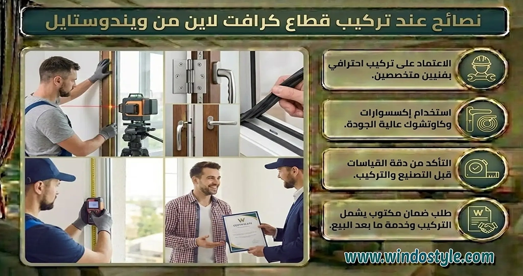 نصائح عند التركيب من ويندوستايل حتى تحصل على أفضل أداء من قطاع كرافت لاين المصري، احرص على: التركيب الاحترافي بواسطة فنيين مختصين. استخدام إكسسوارات وكاوتشوك جيد الجودة لضمان إحكام العزل. التأكد من قياسات دقيقة قبل بداية الإنتاج والتركيب. طلب ضمان مكتوب يشمل التركيب وما بعد البيع.