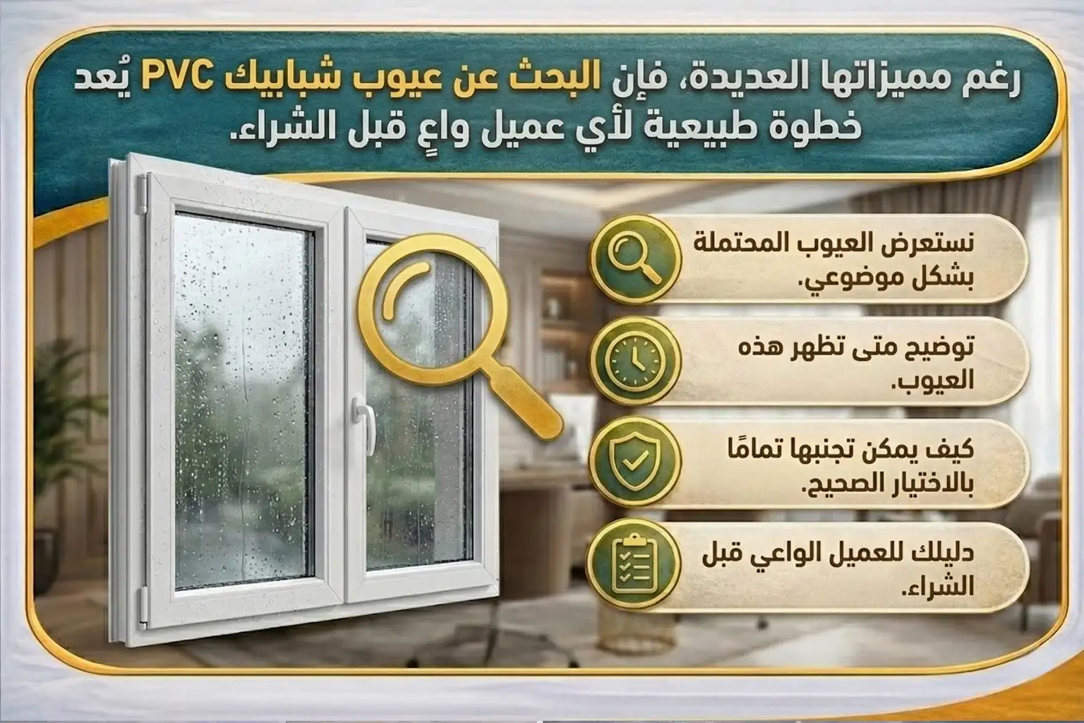 عند التفكير في تشطيب أو تجديد المنزل، يبحث الكثيرون عن أفضل أنواع الشبابيك التي تجمع بين العزل الجيد، الشكل العصري، وطول العمر الافتراضي وتُعد شبابيك PVC من أكثر الخيارات انتشارًا في السنوات الأخيرة ورغم مميزاتها العديدة، فإن البحث عن عيوب شبابيك PVC يُعد خطوة طبيعية لأي عميل واعٍ قبل الشراء وفي هذا المقال نستعرض العيوب المحتملة بشكل موضوعي، مع توضيح متى تظهر هذه العيوب، وكيف يمكن تجنبها تمامًا بالاختيار الصحيح