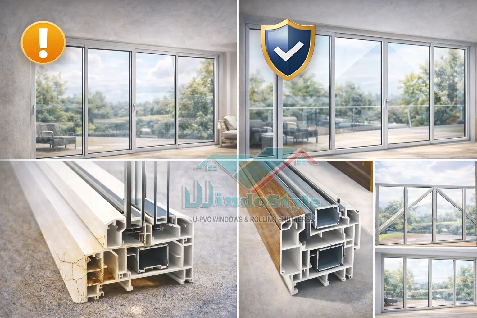 تحمل الأحمال الكبيرة في المقاسات الواسعة في بعض التصميمات ذات المساحات الكبيرة جدًا، قد يُقال إن شبابيك PVC أقل تحملًا مقارنة بالألومنيوم الثقيل. لكن هذا الأمر يمكن تفاديه بسهولة من خلال: استخدام قطاعات مدعّمة بالحديد المجلفن اختيار تصميم مناسب للمقاس تقسيم الفتحات الكبيرة هندسيًا وبذلك لا يظهر هذا العيب عمليًا عند التنفيذ الصحيح.