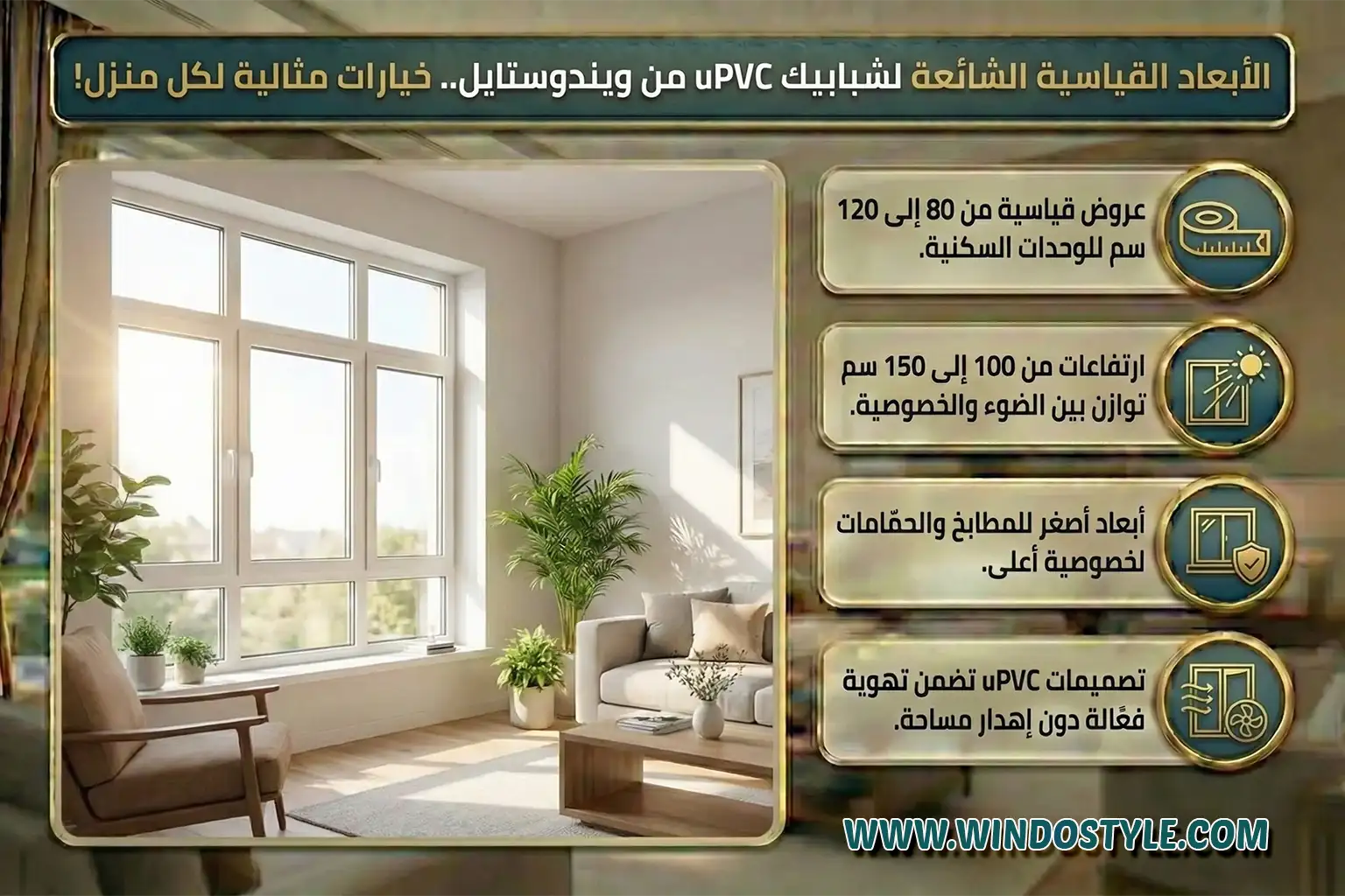 عروض قياسية من 80 إلى 120 سم للوحدات السكنية. ارتفاعات من 100 إلى 150 سم توازن بين الضوء والخصوصية. أبعاد أصغر للمطابخ والحمّامات لخصوصية أعلى. تصميمات uPVC من ويندوستايل تضمن تهوية فعّالة دون إهدار مساحة.