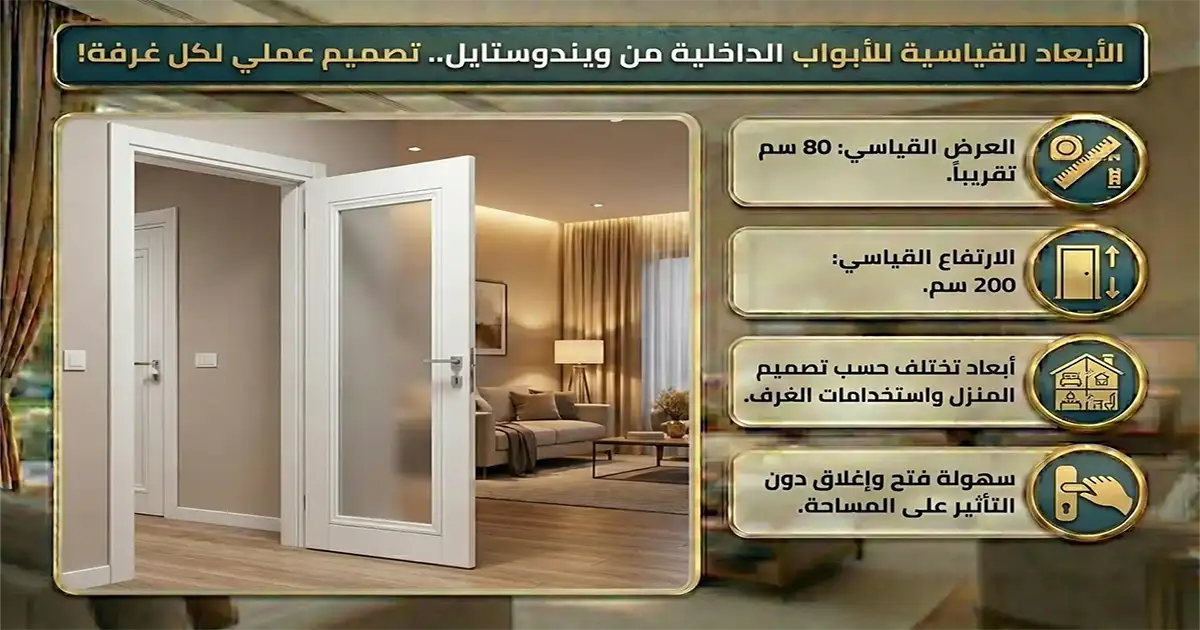 الابعاد القياسية للأبواب الداخلية عند النظر إلى الأبواب الداخلية، يكون العرض القياسي حوالي 80 سنتيمتر والارتفاع يصل إلى 200 سنتيمتر. تختلف هذه الأبعاد حسب تصميم المنزل واستخدامات الغرف. يجب أن تكون الأبواب الداخلية قابلة للفتح والإغلاق بسهولة دون أن تؤثر سلبا على المساحة الداخلية.