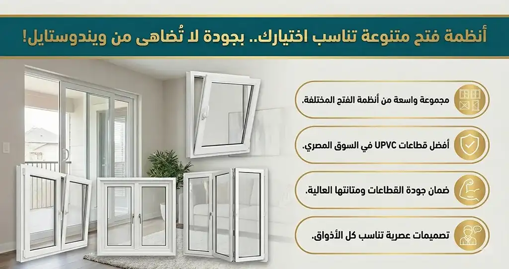 انواع شبابيك PVC | الأشكال والمميزات وأفضل اختيار لمنزلك 5 انواع شبابيك PVC من ويندوستايل وأهم مميزاتها