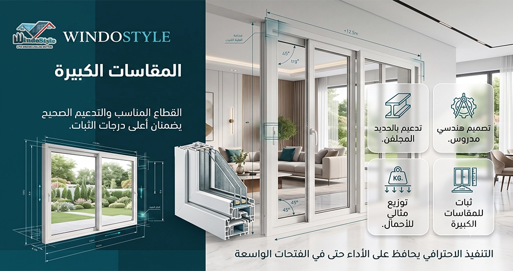 تحمل الأحمال الكبيرة في المقاسات الواسعة في بعض التصميمات ذات المساحات الكبيرة جدًا، قد يُقال إن شبابيك PVC أقل تحملًا مقارنة بالألومنيوم الثقيل  لكن هذا الأمر يمكن تفاديه بسهولة من خلال: استخدام قطاعات مدعّمة بالحديد المجلفن اختيار تصميم مناسب للمقاس تقسيم الفتحات الكبيرة هندسيًا وبذلك لا يظهر هذا العيب عمليًا عند التنفيذ الصحيح 