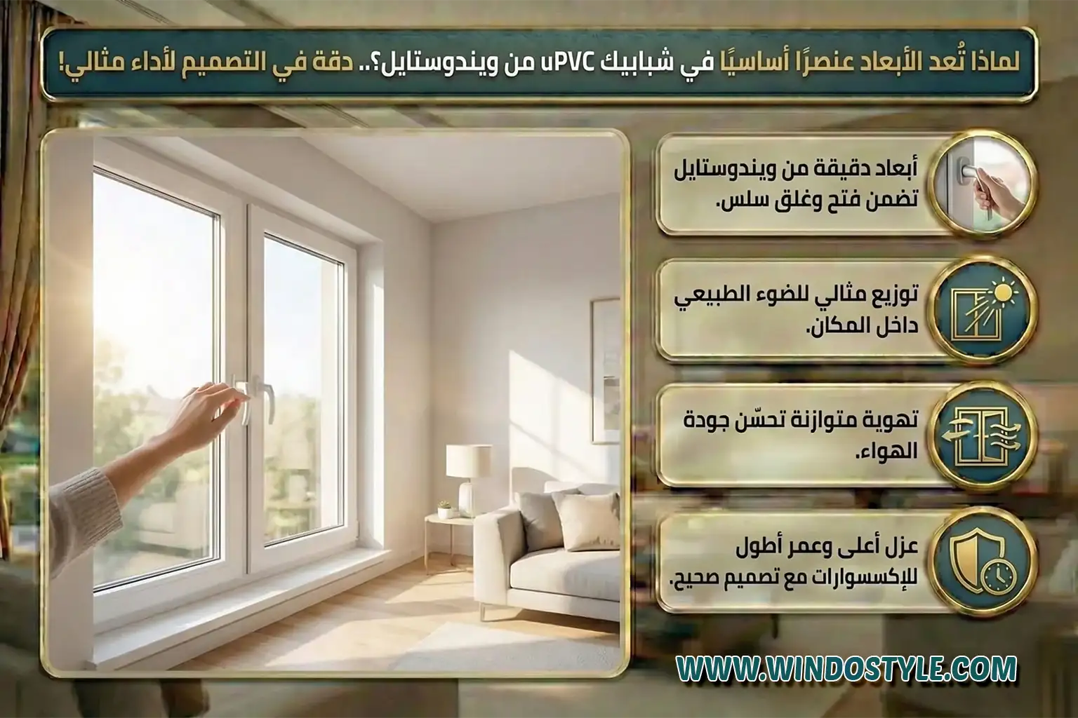 الأبعاد الخاطئة قد تؤدي إلى مشكلات تشغيلية مثل صعوبة الفتح والغلق، أو ضعف العزل، أو تحميل زائد على الإكسسوارات. بينما الأبعاد المدروسة تحقق: توزيعًا مثاليًا للضوء الطبيعي تهوية صحية ومتوازنة كفاءة أعلى في العزل الحراري والصوتي عمرًا أطول للإكسسوارات والمفصلات مظهرًا متناسقًا مع تصميم المكان ولهذا تعتمد ويندوستايل على المعاينة الميدانية الدقيقة قبل التصنيع لضبط كل بُعد بدقة متناهية.