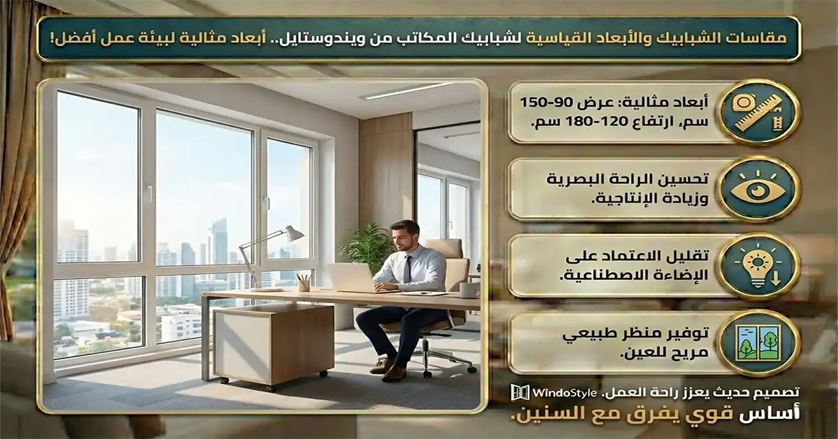 مقاس الشبابيك والأبعاد القياسية لشبابيك المكاتب من ويندوستايل في المكاتب، تُعد الشبابيك الكبيرة جزءا أساسيا من تصميم المساحات الحديثة. تُعتَبر الأبعاد المناسبة لشبابيك المكاتب بحجم من 90 إلى 150 سنتيمتر في العرض، و120 إلى 180 سنتيمتر في الارتفاع. الشبابيك الكبيرة تساعد على تحسين الراحة البصرية وتزيد من الإنتاجية من خلال توفير منظر طبيعي والتقليل من الاعتماد على الإضاءة الاصطناعية.