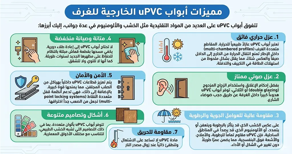 أبواب uPVC خارجية للغرف | المميزات والأسعار وأفضل الأنواع 1 أكيد سمعت عن أبواب uPVC خارجية النوع ده بقى من أكتر الحلول انتشارًا في مصر حاليًا، وده بسبب مميزاته العملية اللي بتخليه يتفوق على الخشب والألومنيوم في كتير من الحالات