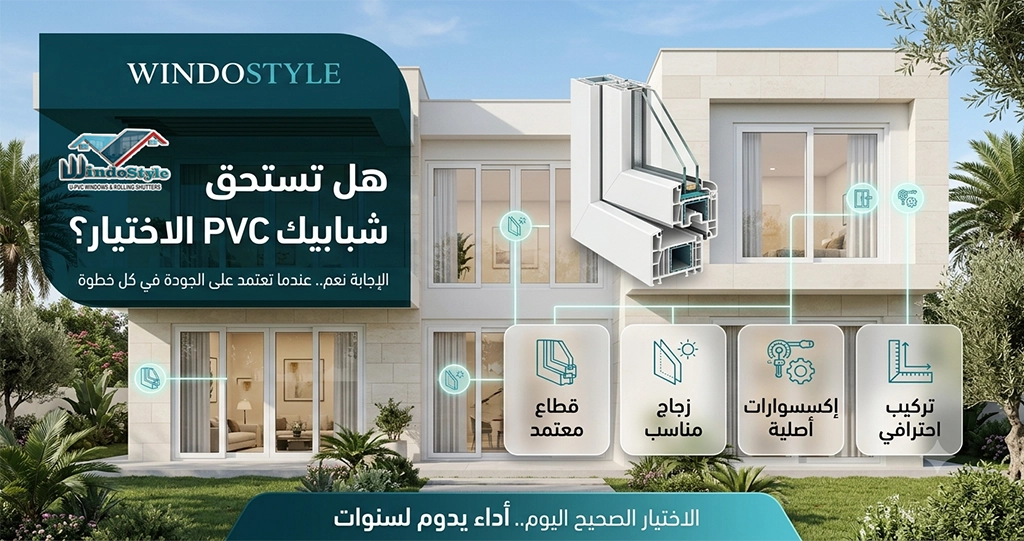 هل عيوب شبابيك PVC سبب لتجنبها؟ الإجابة ببساطة: لا  معظم عيوب شبابيك PVC المذكورة ترتبط بسوء الاختيار أو التنفيذ، وليس بالخامة نفسها  وعند اختيار: قطاع عالي الجودة زجاج مناسب إكسسوارات أصلية شركة تركيب محترفة تتحول هذه العيوب المحتملة إلى نقاط غير مؤثرة تمامًا 