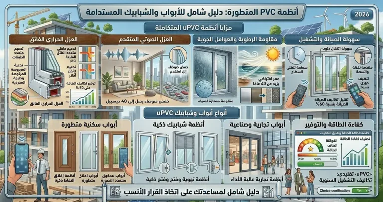 تعرف على مميزات أبواب PVC و شبابيك PVC وأسباب انتشارها في المنازل الحديثة، مع دليل شامل للعزل الحراري والصوتي والأسعار ونصائح من ويندوستايل 