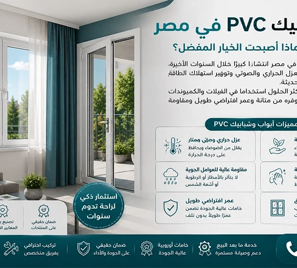 أبواب وشبابيك PVC في مصر تعرف على أهم مميزات ابواب وشبابيك PVC في مصر مثل العزل الحراري والصوتي ومقاومة الرطوبة والعمر الافتراضي الطويل، ولماذا أصبحت الخيار المفضل للمنازل الحديثة